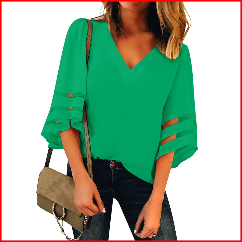 V-Neck Mesh Panel Blouse 3/4 Bell Sleeve Loose Fit Top